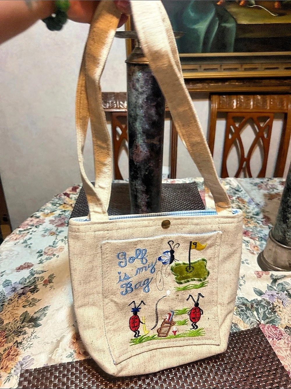 Bags By T Embroidered Canvas Tote in Beige & Blue